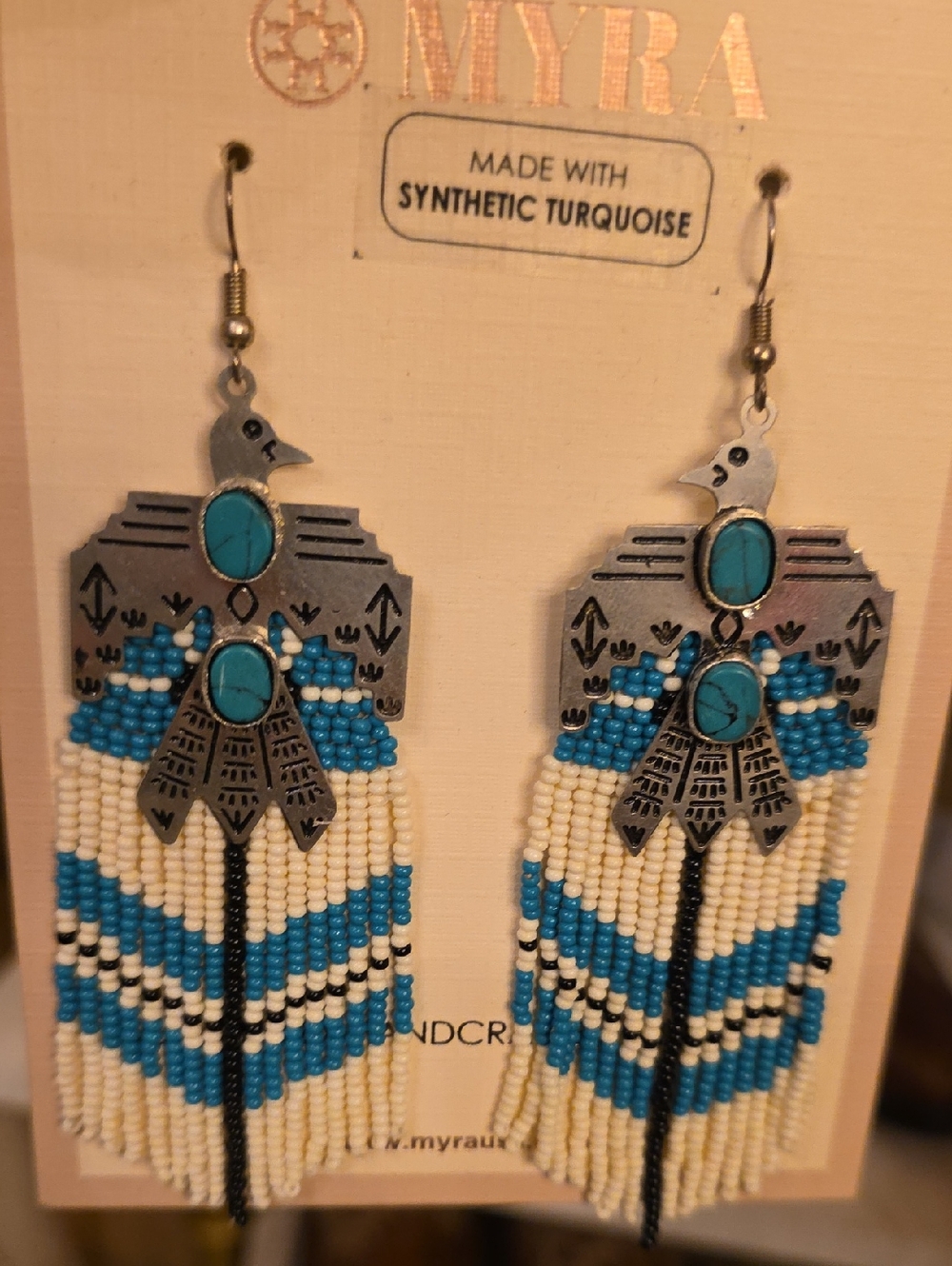Myra Bag Silver-Tone Thunderbird Earrings with Turquoise & Cream Beads